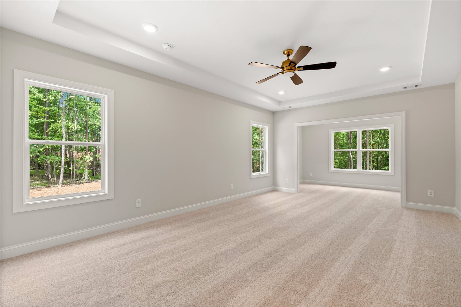 Spacious empty living room with light carpet, gray walls, large windows, and a ceiling fan