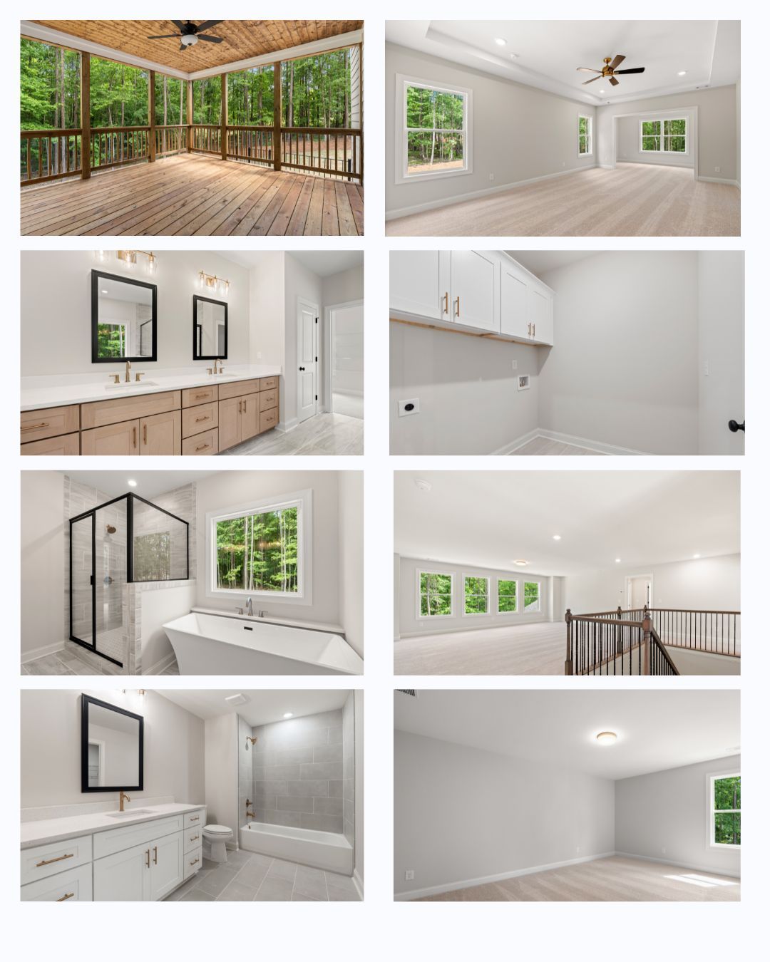 Collage of bright modern home interiors: patio, bedroom, bathroom, vanity, and loft space.