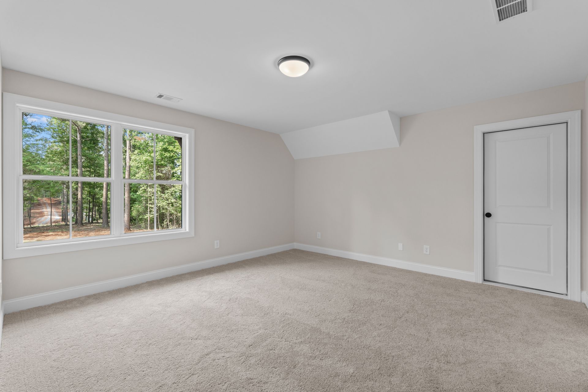 Empty beige bedroom with a window, carpeted floor, and white door