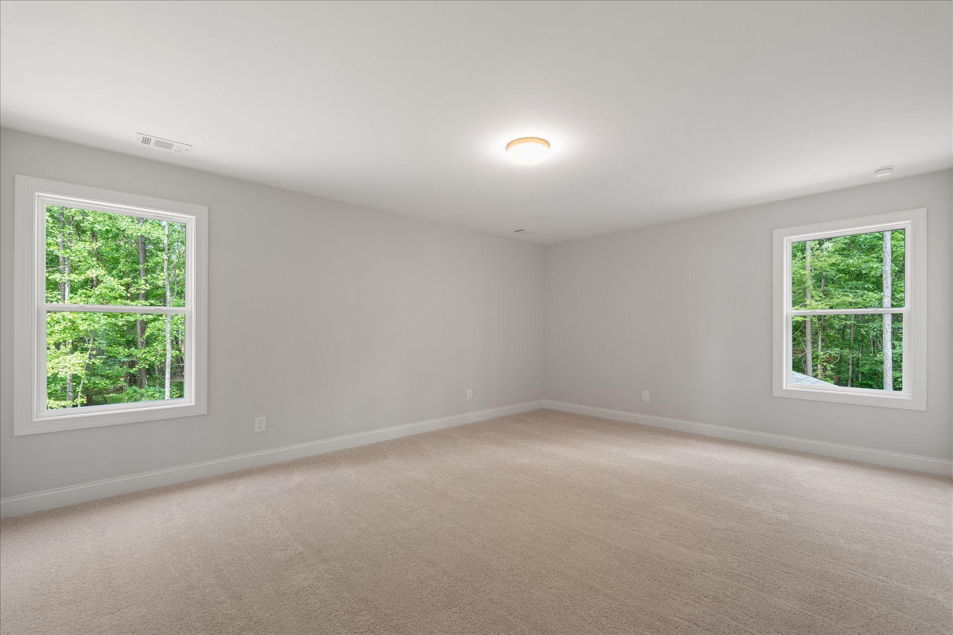 Empty gray carpeted room with two windows and a ceiling light, showing green trees outside.