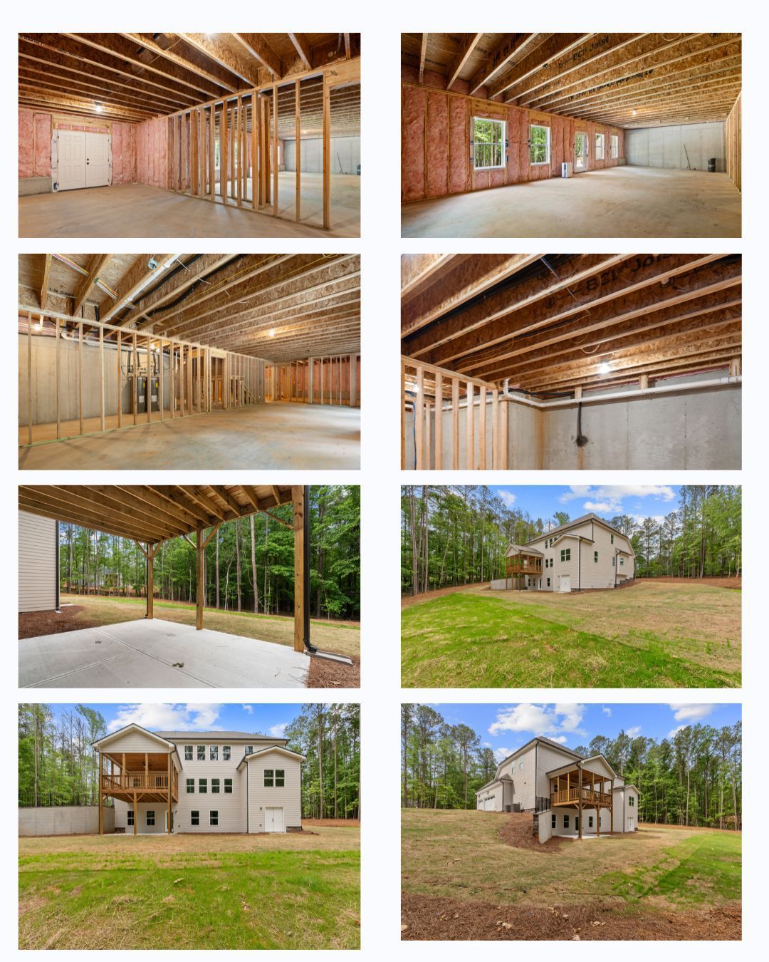 Collage of home construction views: exposed framing, roof beams, and exterior house progress on grassy lots