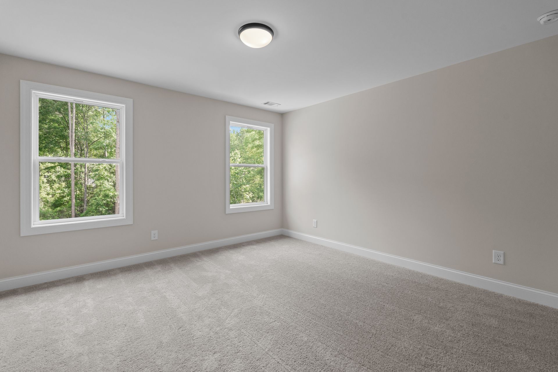 Empty light gray bedroom with two windows and carpeted floor