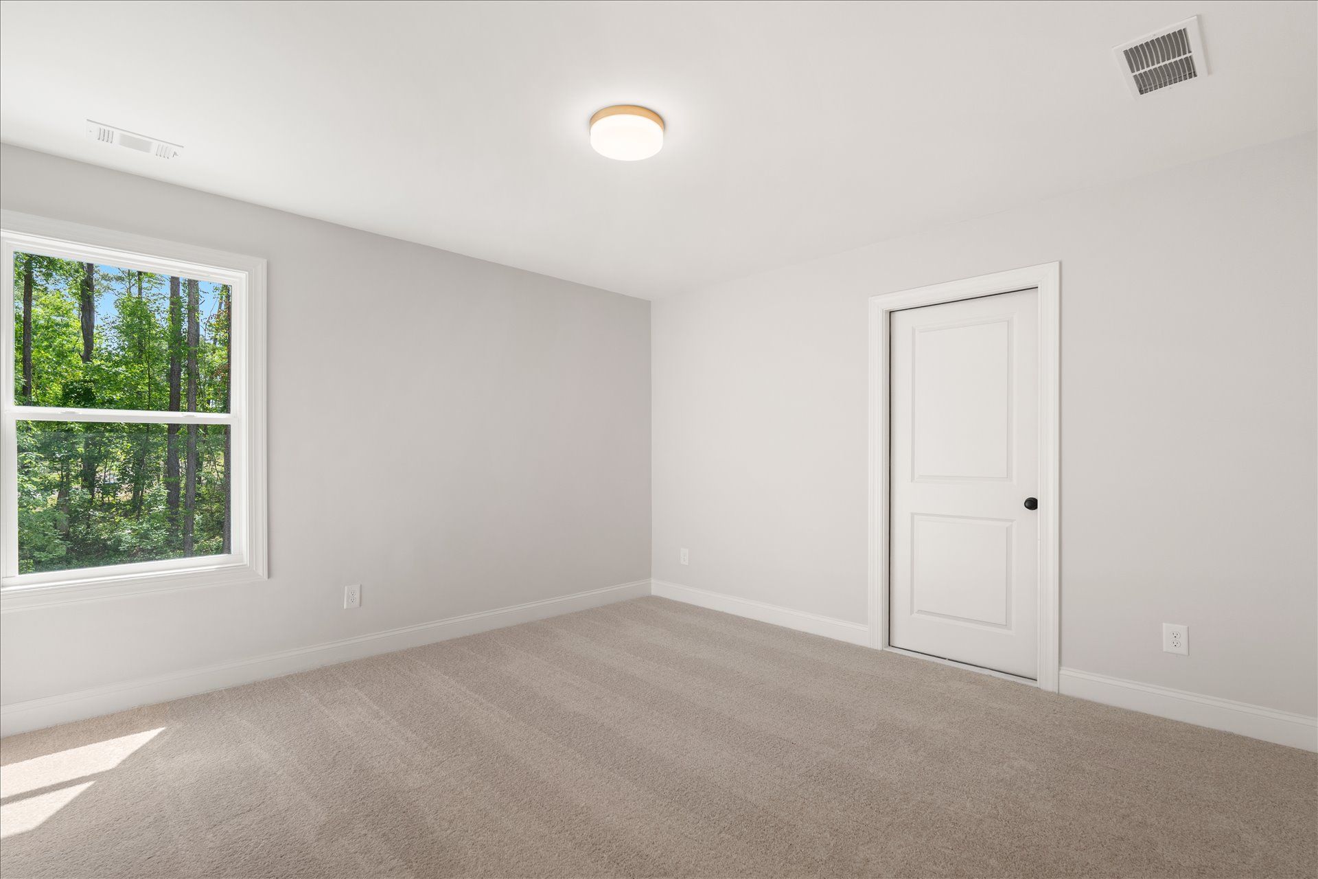 Empty beige bedroom with carpet, window, white door, and ceiling light