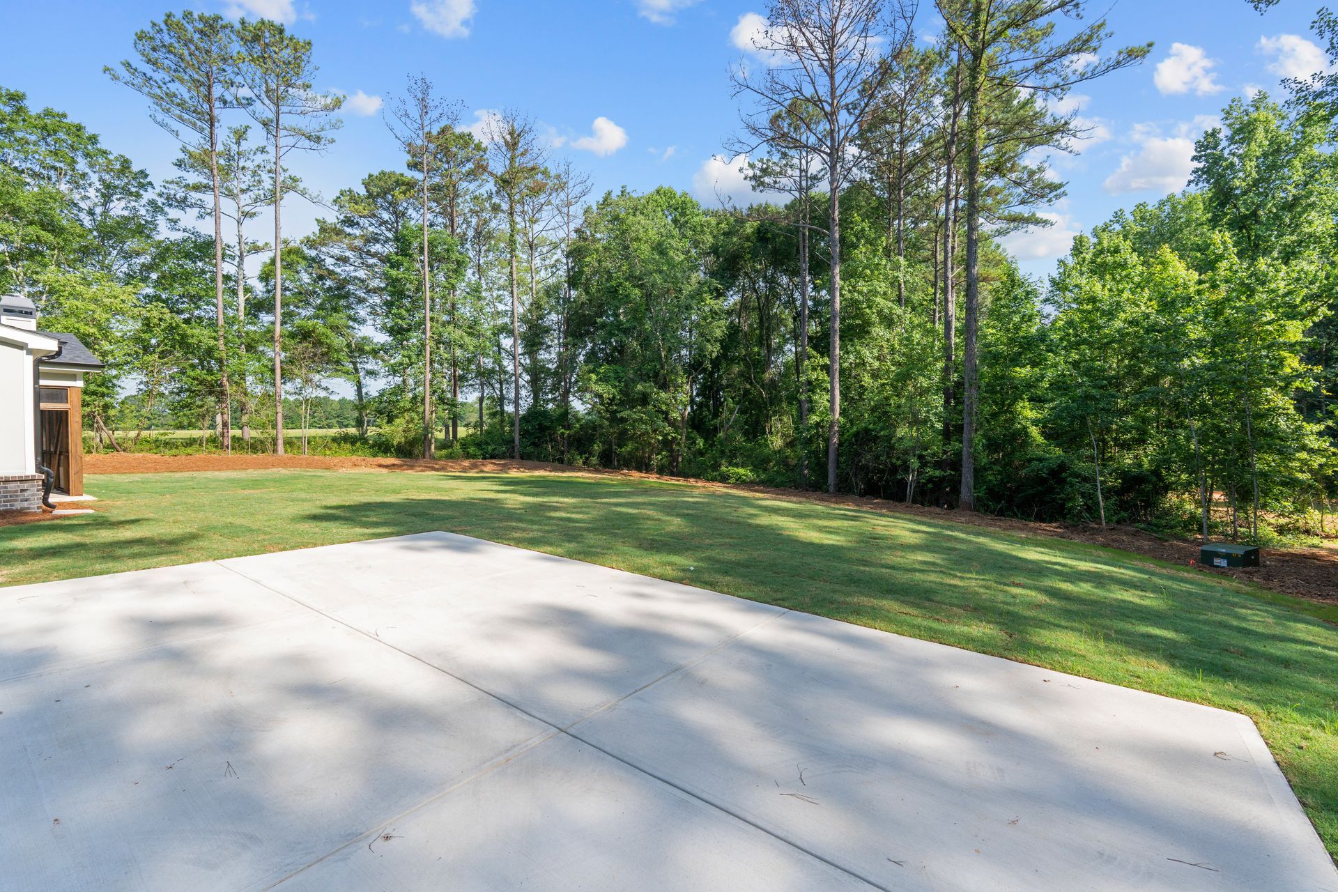 Concrete patio with grassy backyard and tall trees under a blue sky