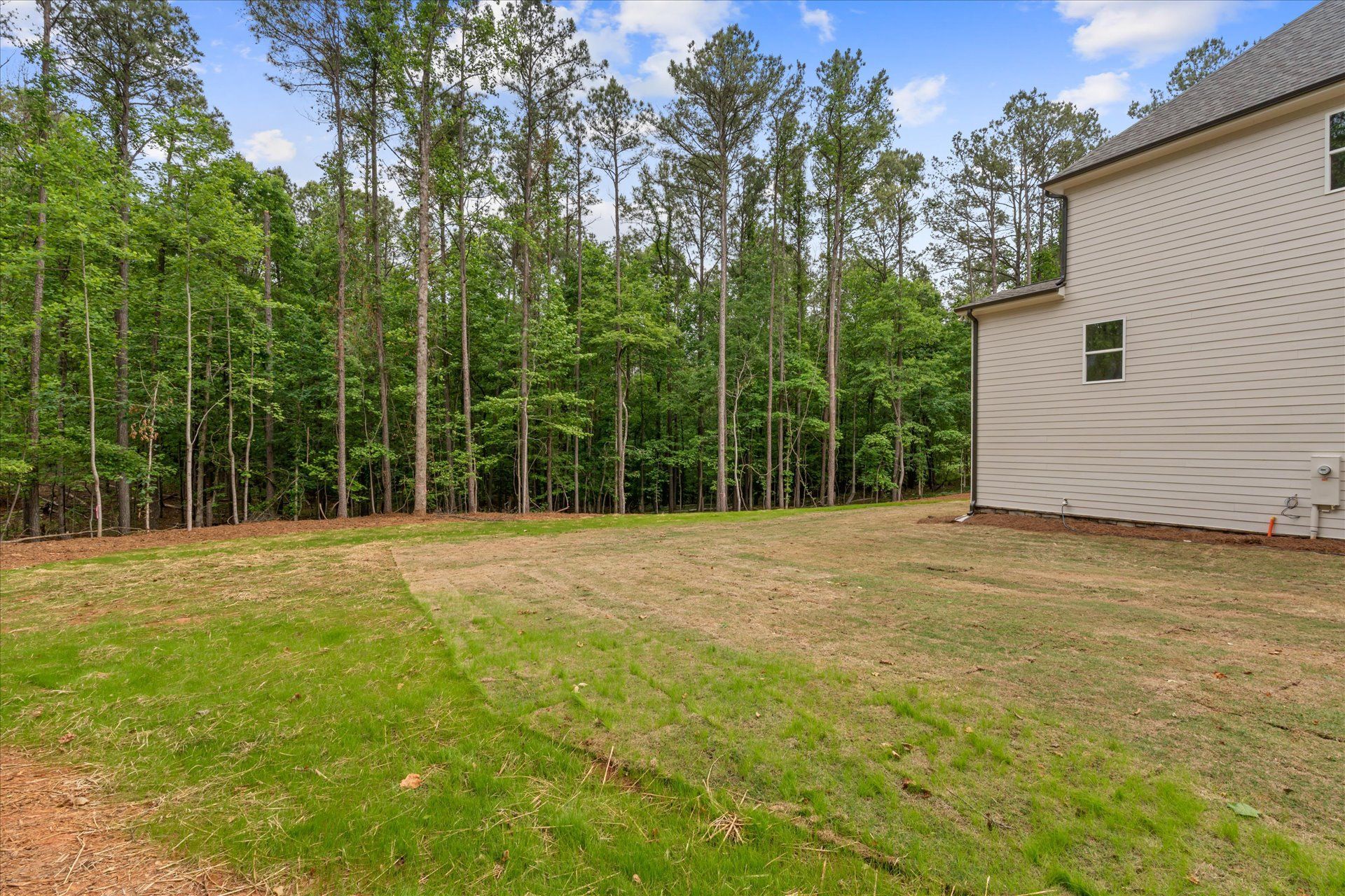 Grassy backyard beside a beige house, bordered by a wooded tree line under a partly cloudy sky