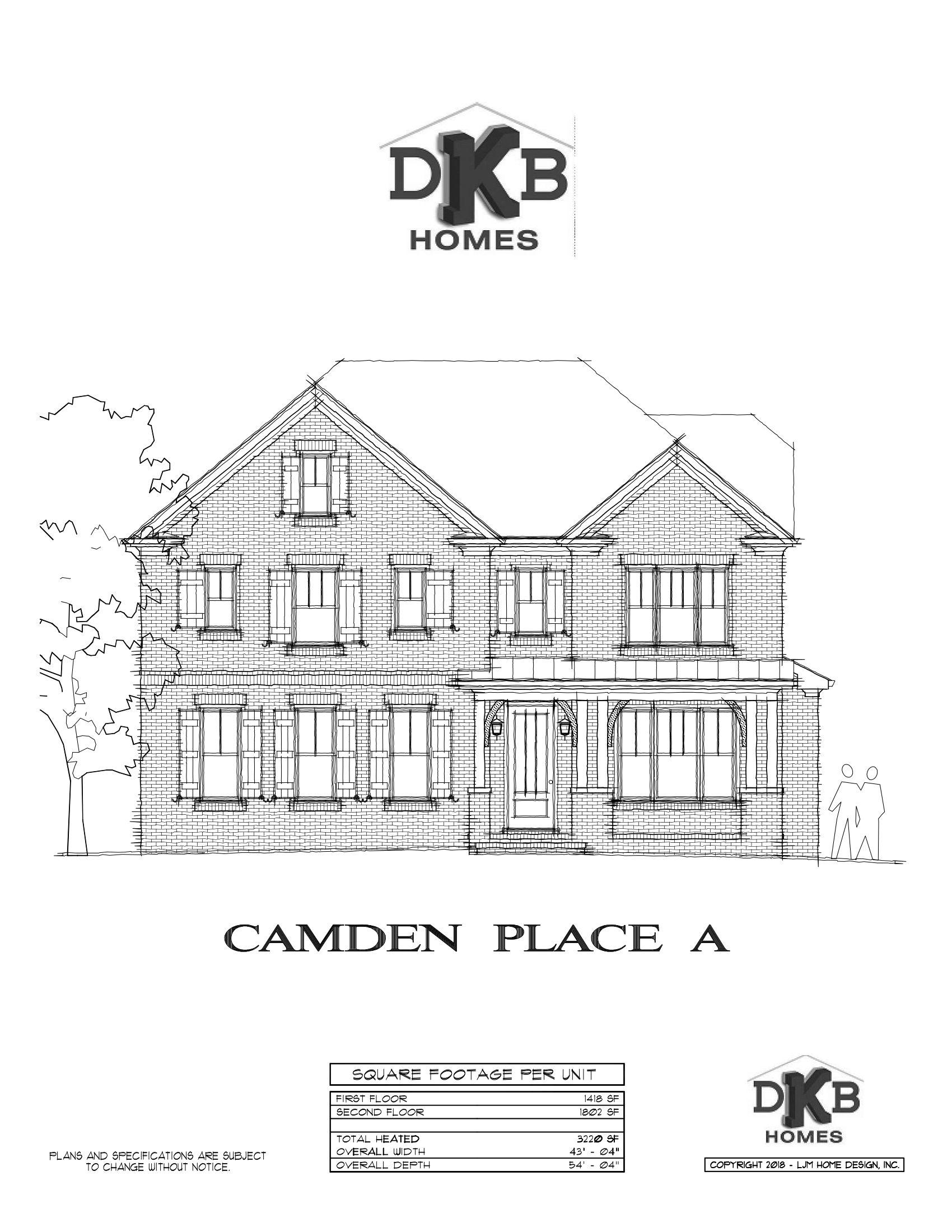 Architectural front elevation drawing of a DKB Homes house plan labeled Camden Place A.
