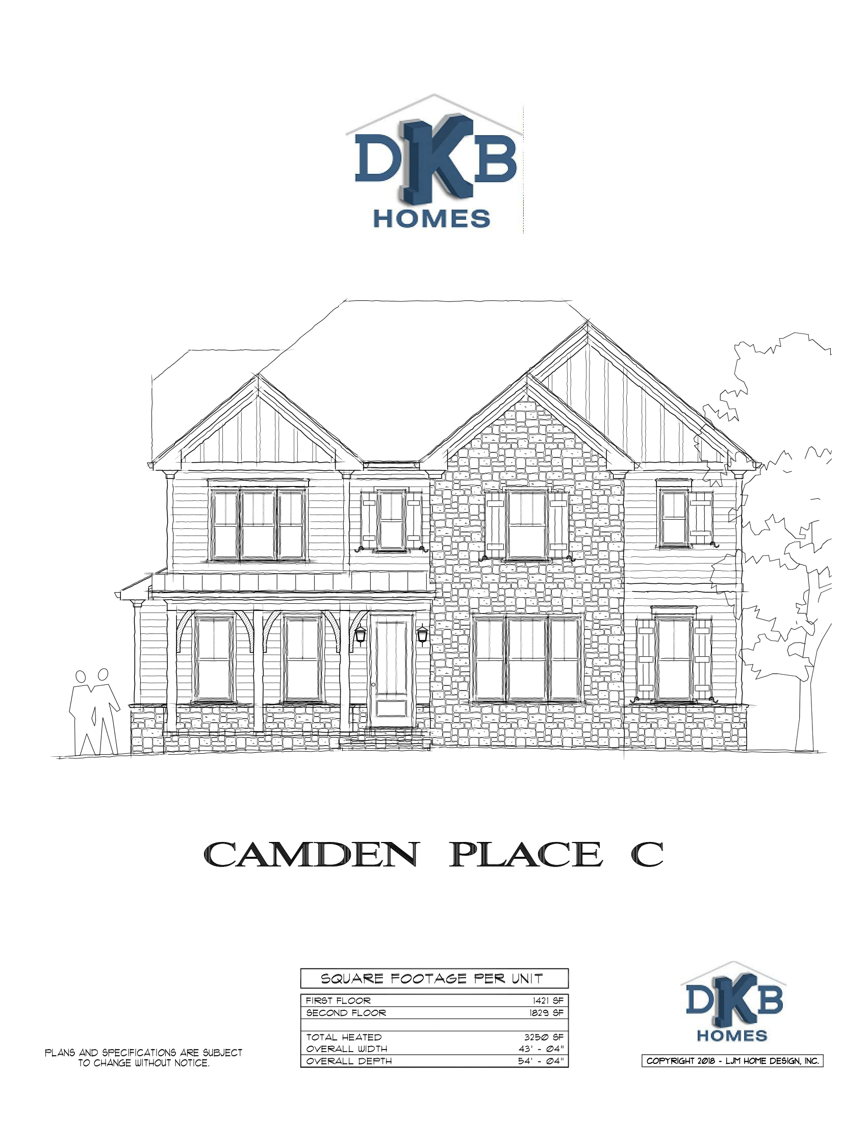 DKB Homes logo above architectural front elevation drawing of a two-story house design.