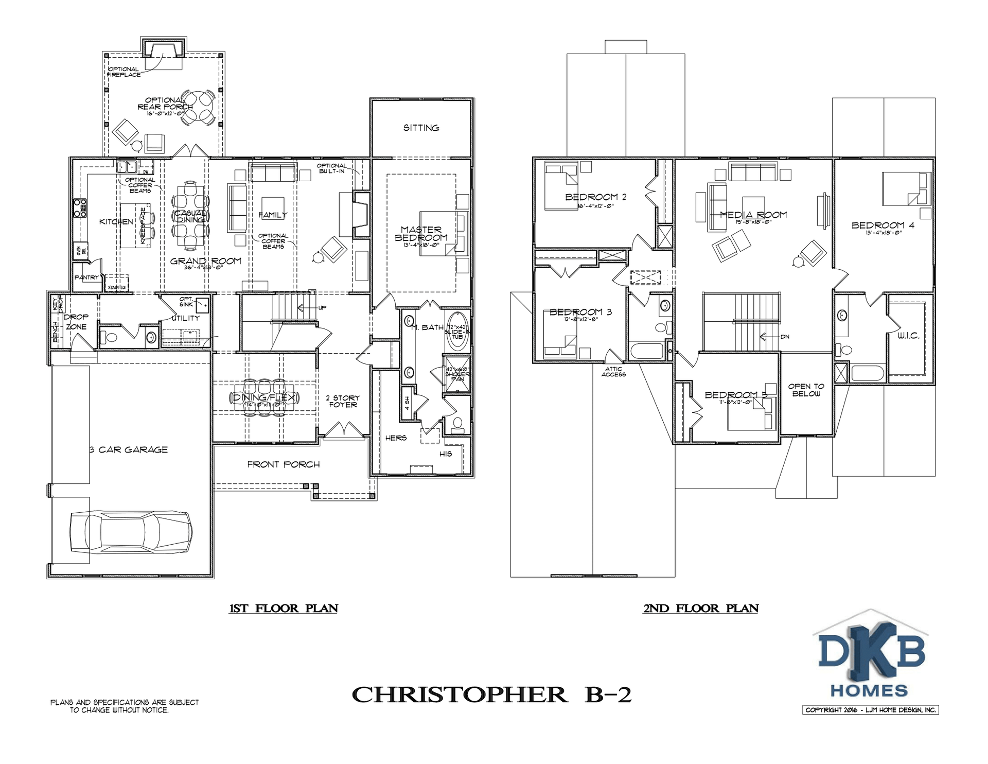 Black-and-white floor plan drawing for a house layout, labeled “Christopher H-2” with DKB Homes logo.