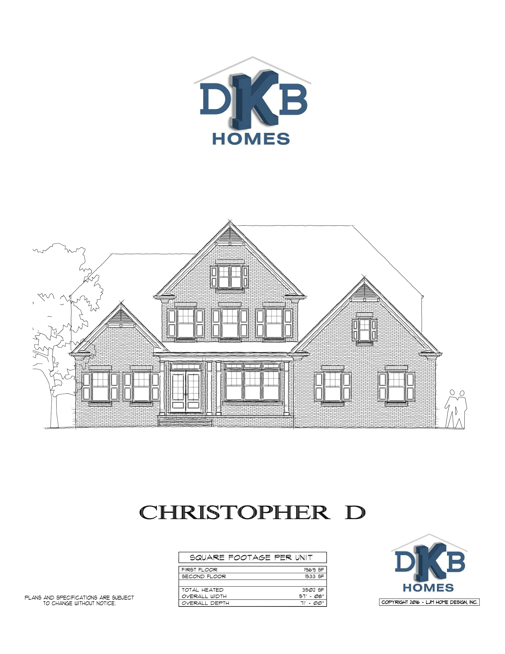 DKB Homes house plan sketch with front elevation and the name Christopher D.