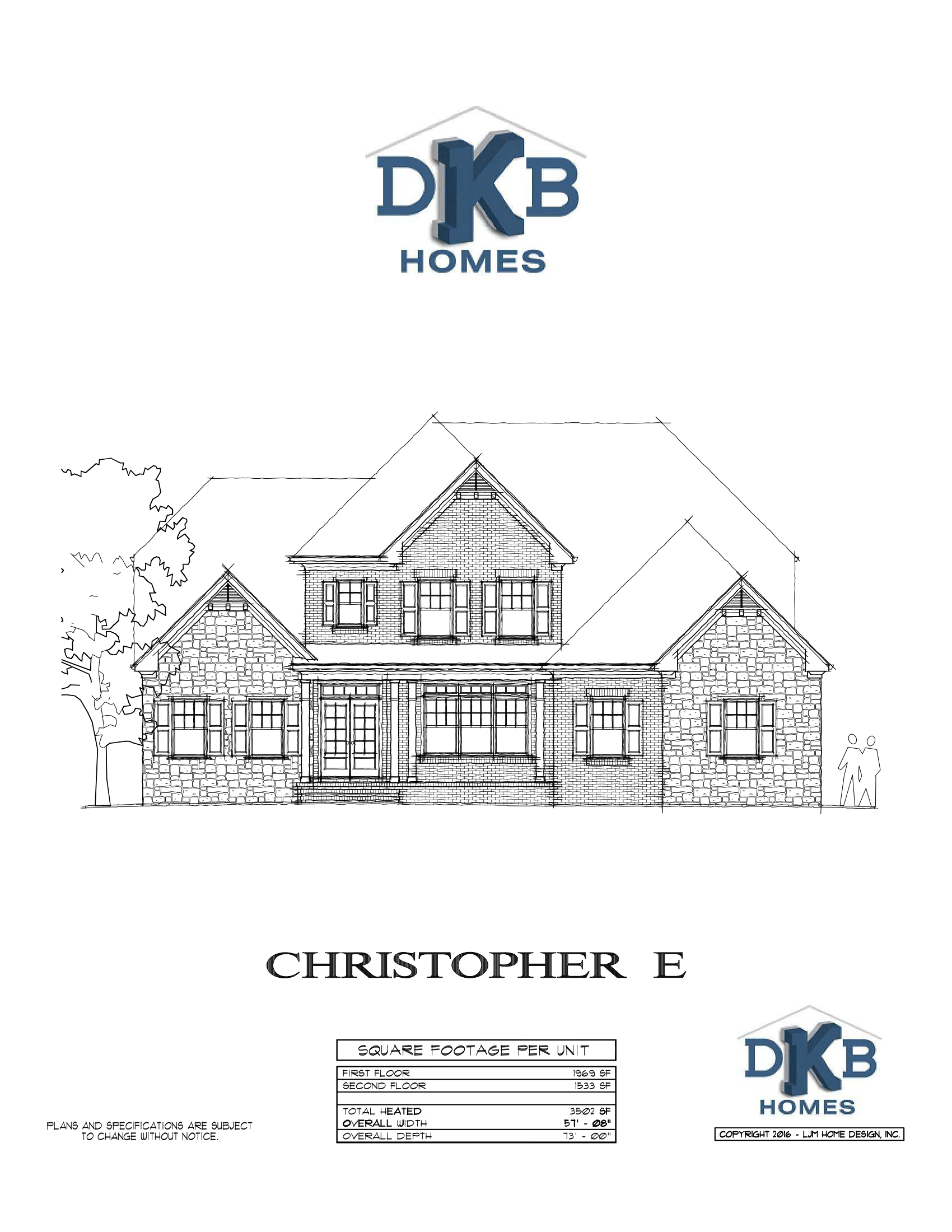 Architectural house drawing with DKB Homes logo and Christopher F. name at bottom