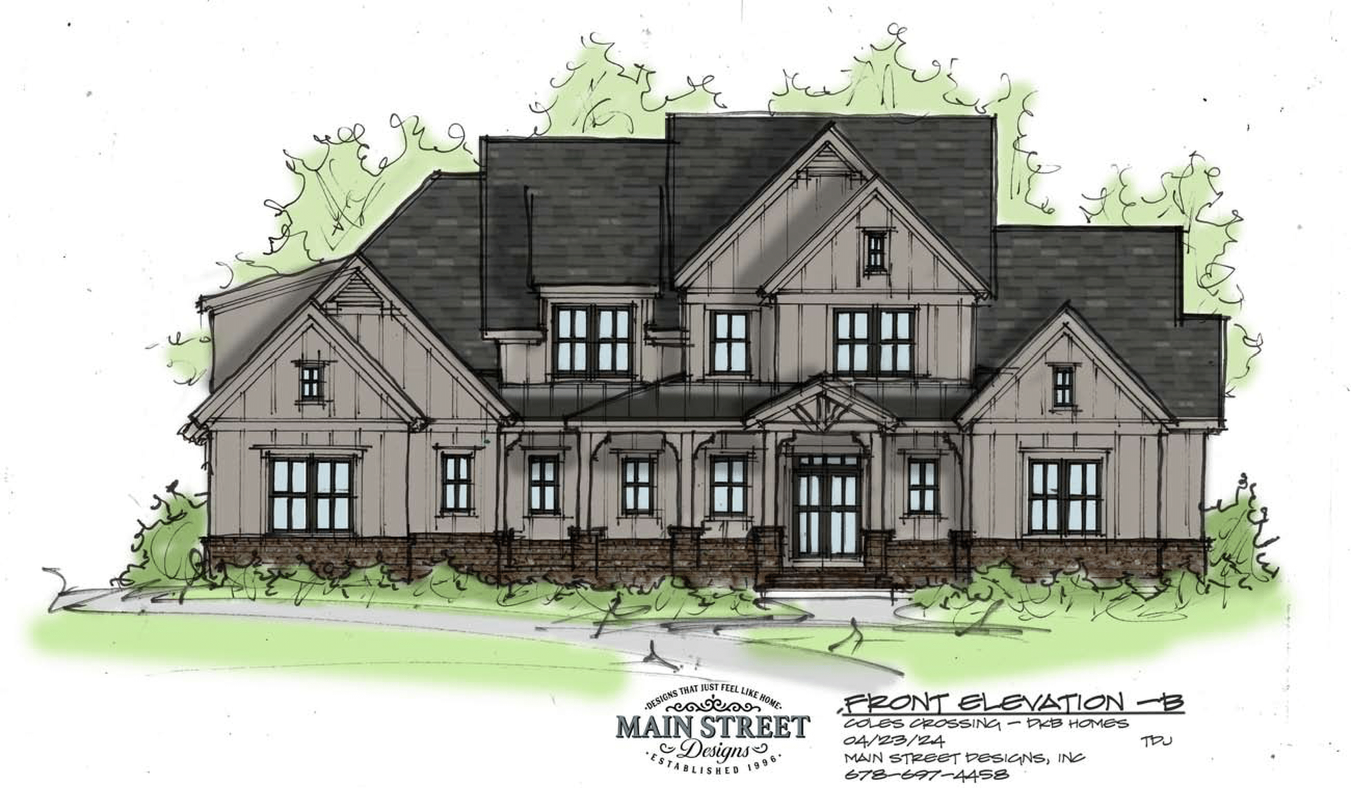 Architectural rendering of a gray two-story house with gabled roof and front porch, surrounded by trees.