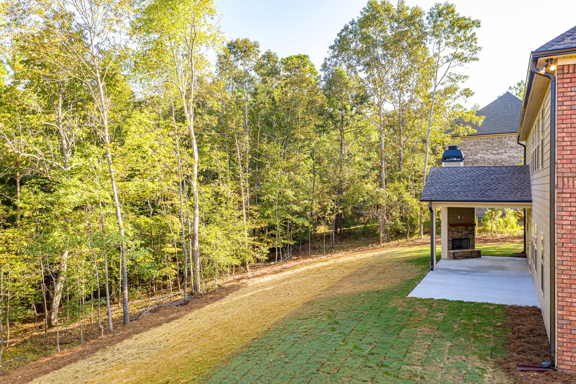 Backyard with trees, sloped grass, and a brick house patio on the right