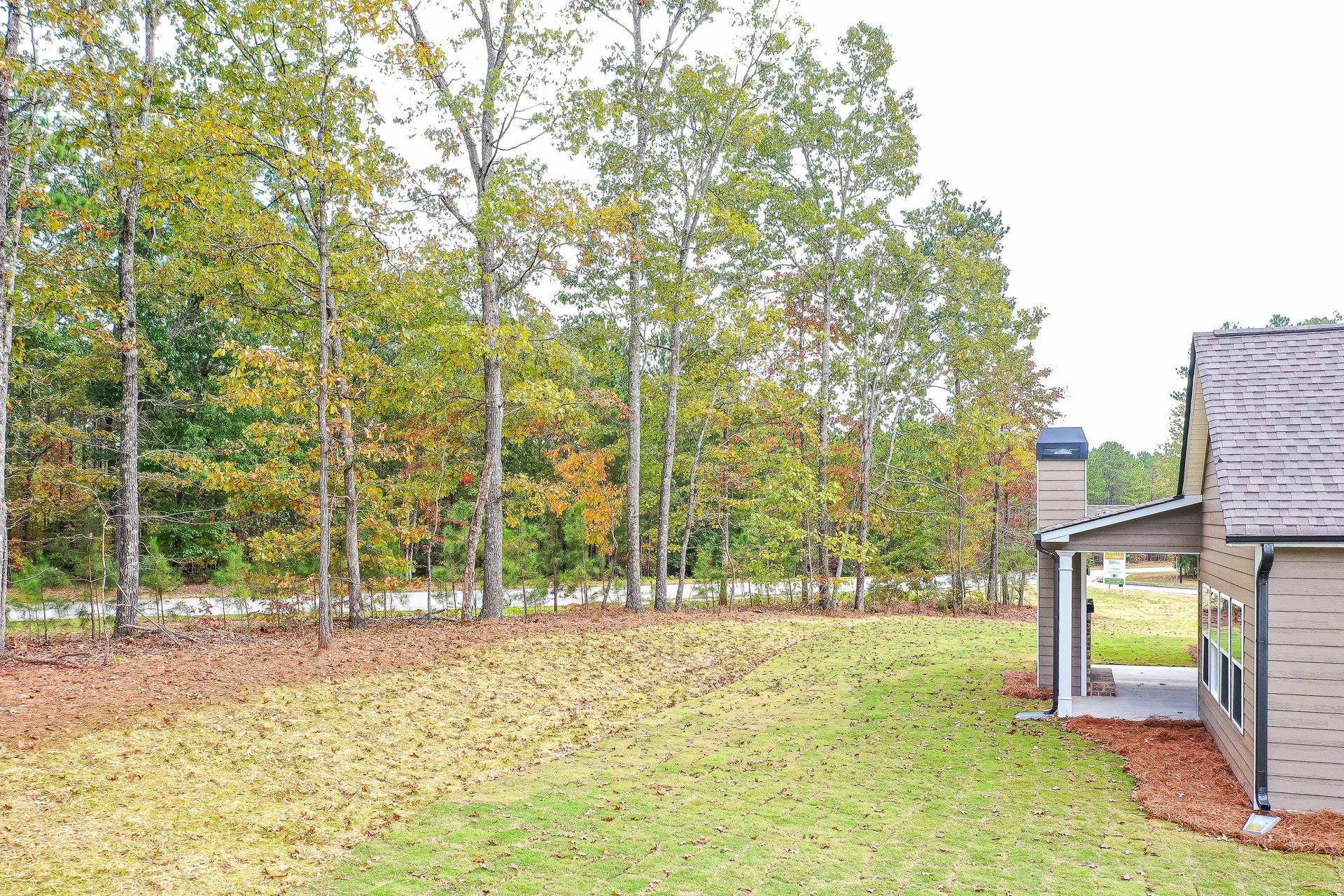 Backyard with green lawn, trees, and part of a house with a covered patio on the right