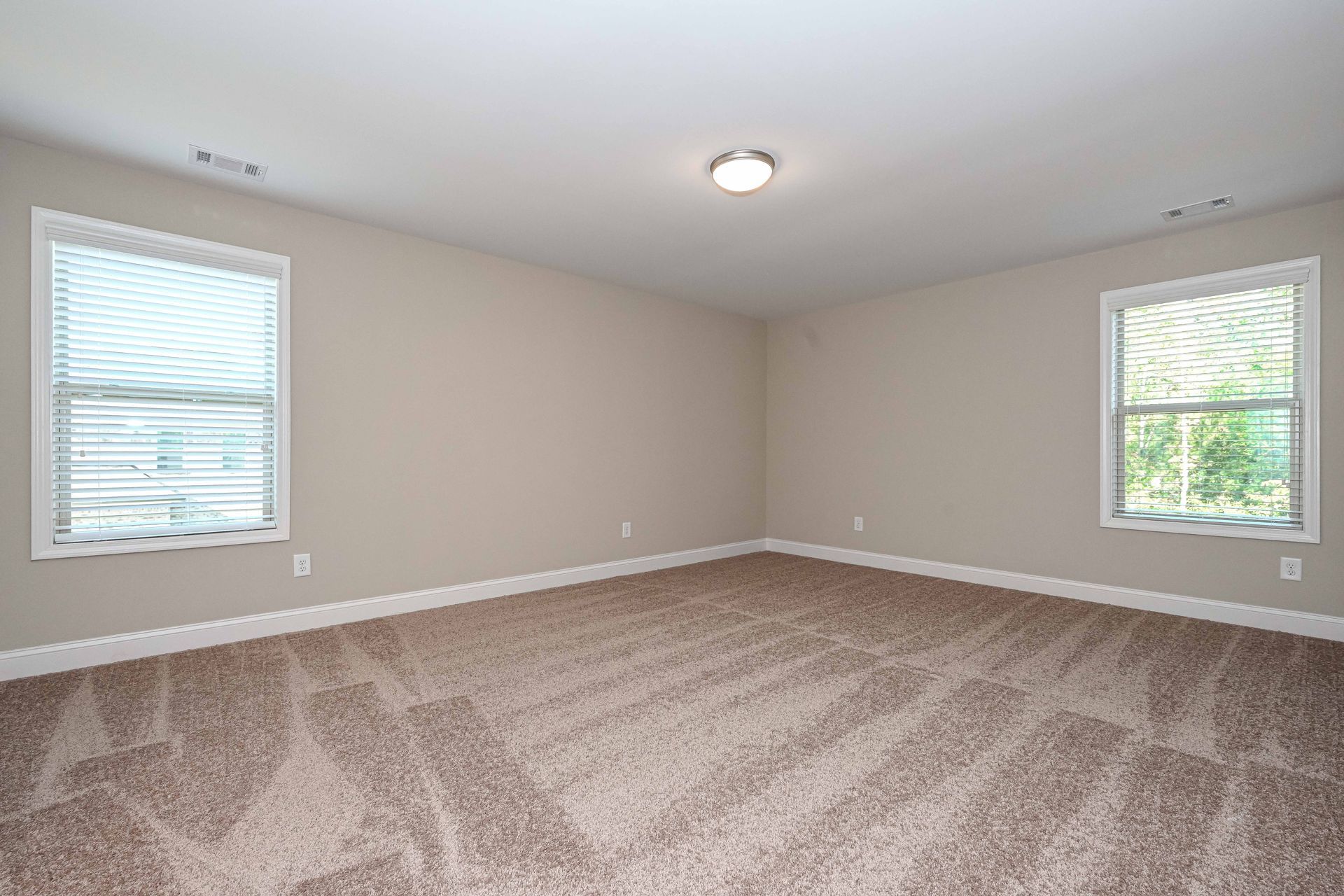 Empty beige bedroom with carpet, two windows, and a ceiling light