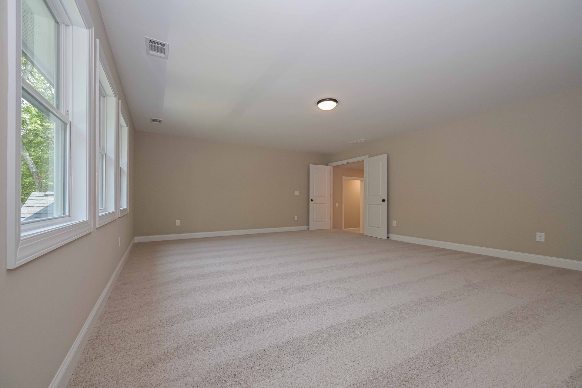 Empty beige living room with carpet, windows on the left, and an open doorway at the back