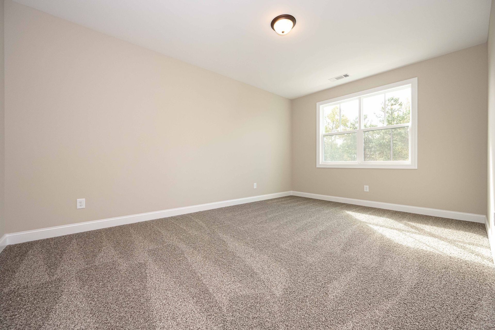 Empty beige bedroom with gray carpet and a window letting in sunlight