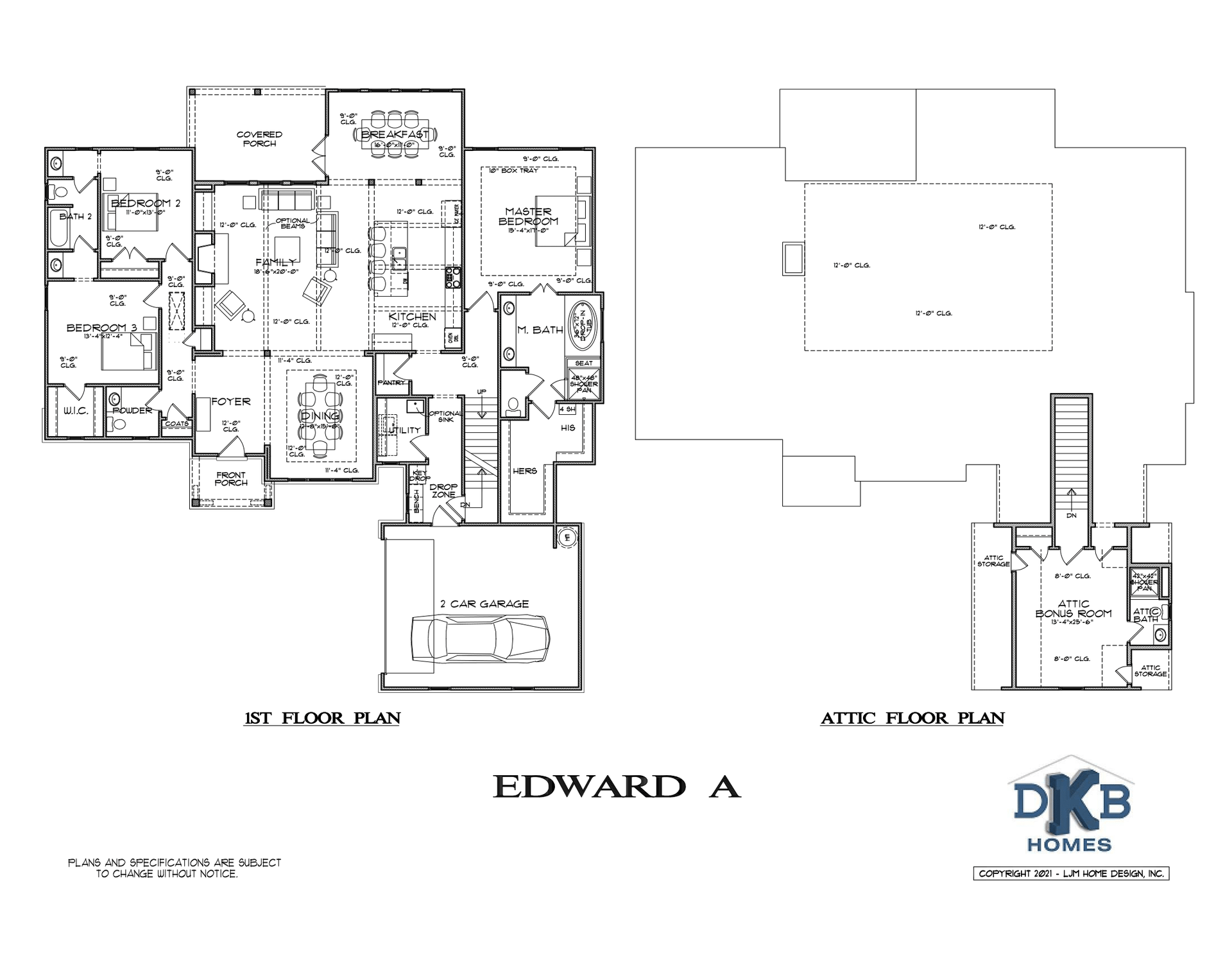Architectural floor plan sheet showing first-floor and attic layouts, labeled “Edward A” with DKB logo.