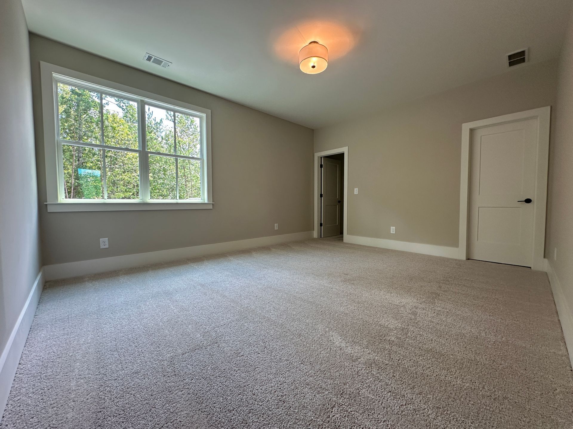 Empty beige bedroom with carpet, a large window, ceiling light, and two doors.