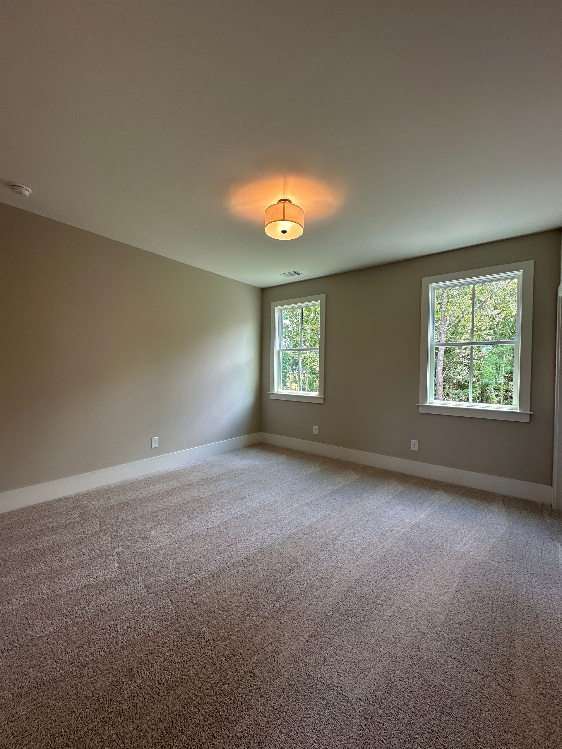 Empty beige bedroom with carpet, two windows, and a ceiling light.