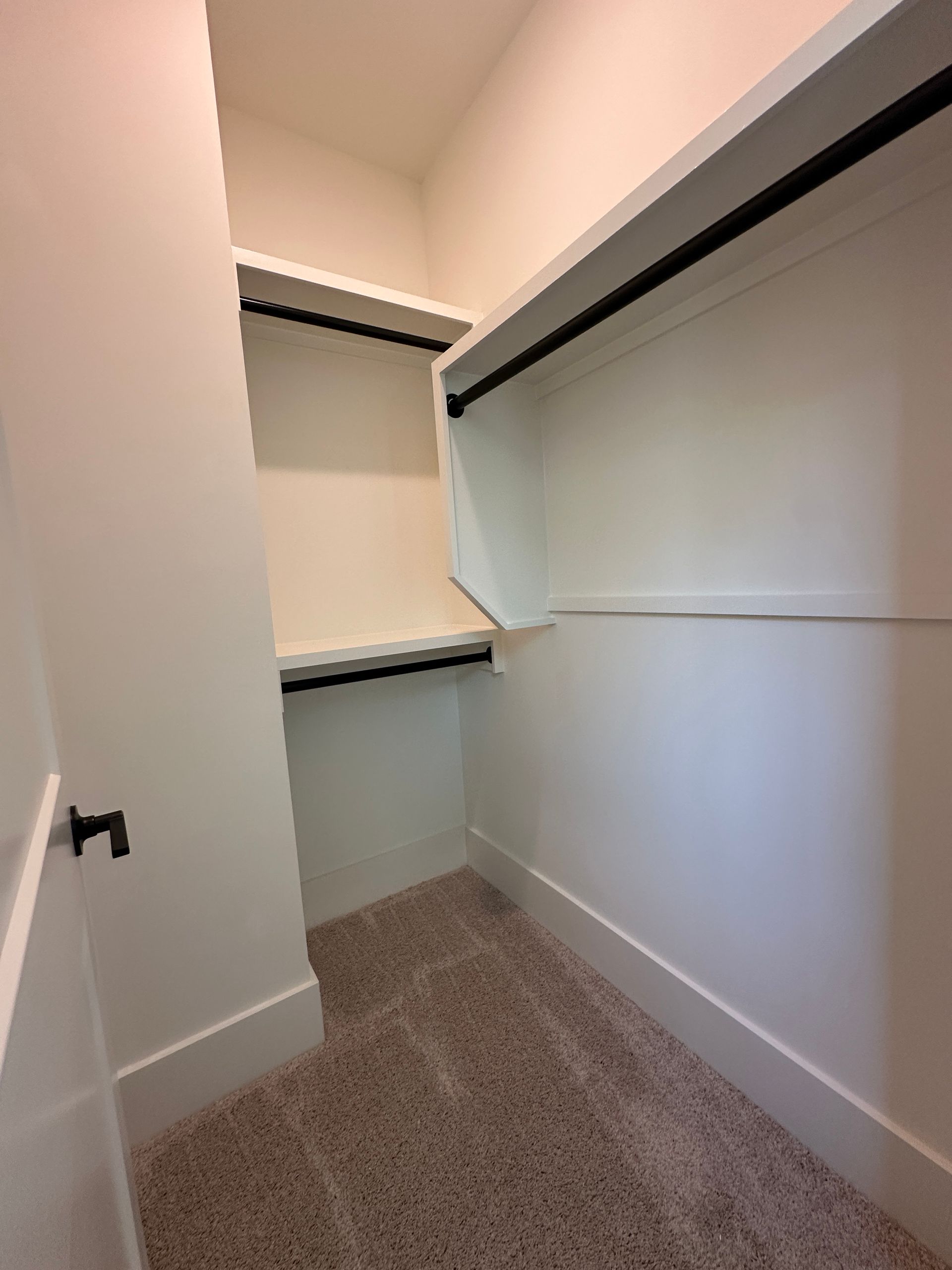 Small walk-in closet with white shelves, hanging rods, and beige carpet.