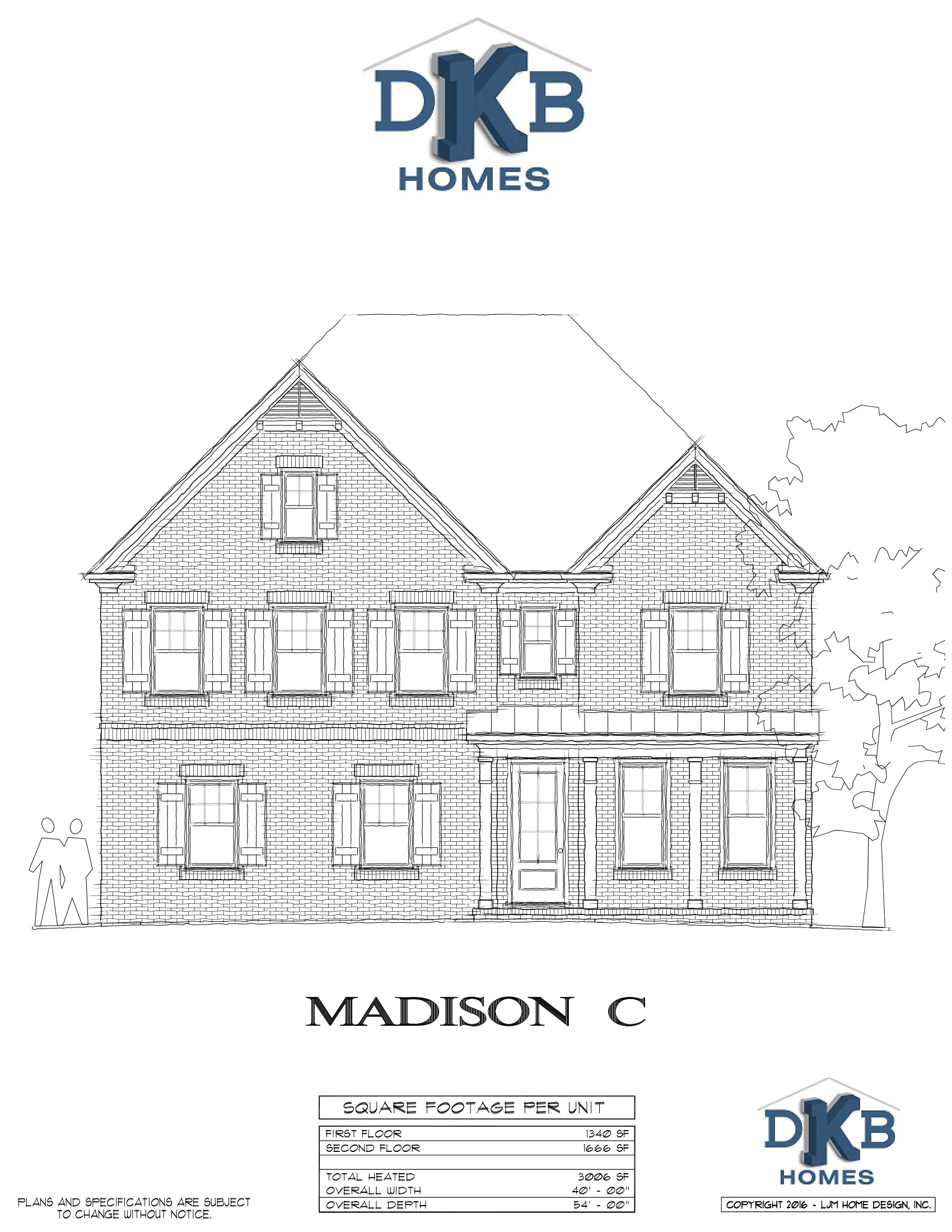 DKB Homes architectural house elevation titled “Madison C” with front and side exterior sketch.