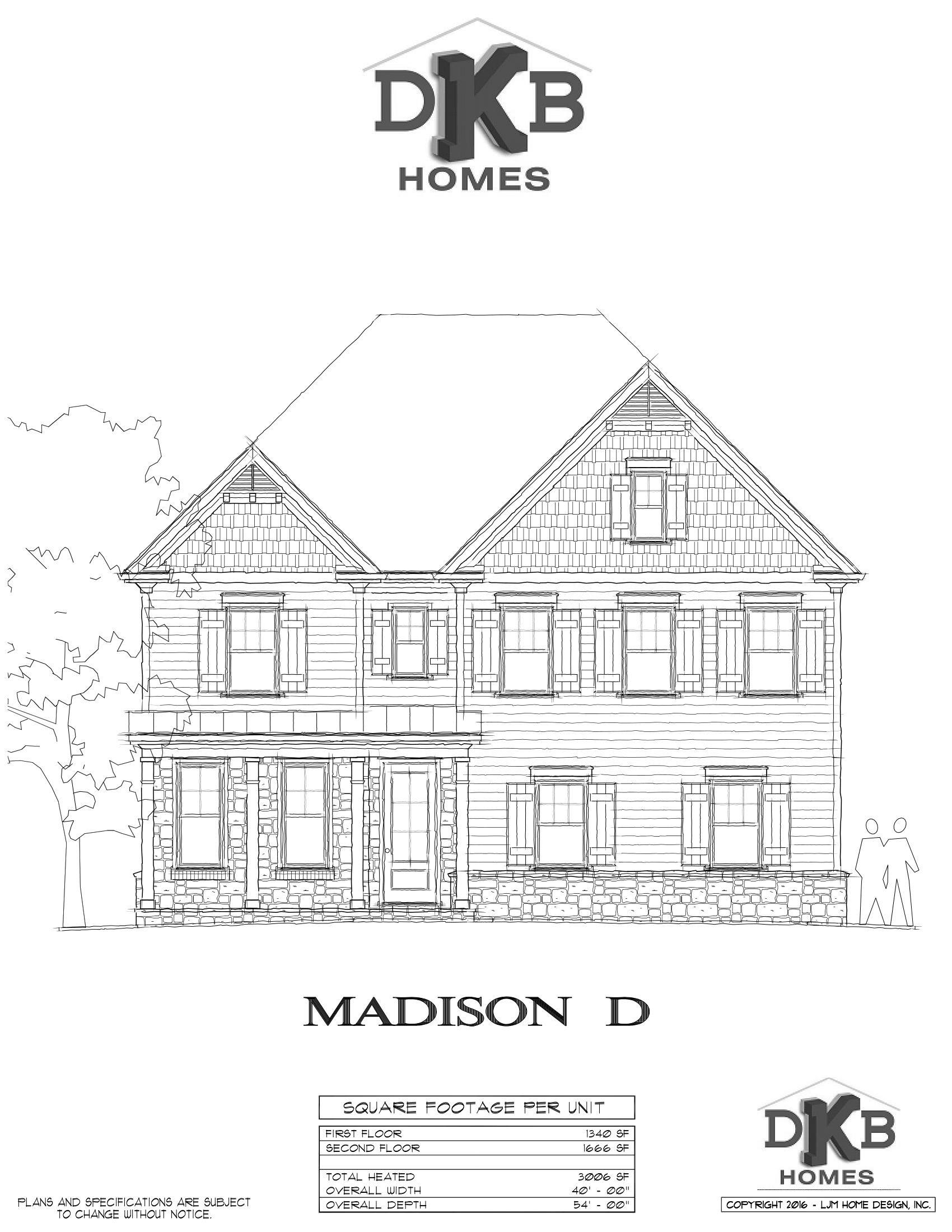 DKB Homes house elevation sketch labeled “Madison D” with two-story front view