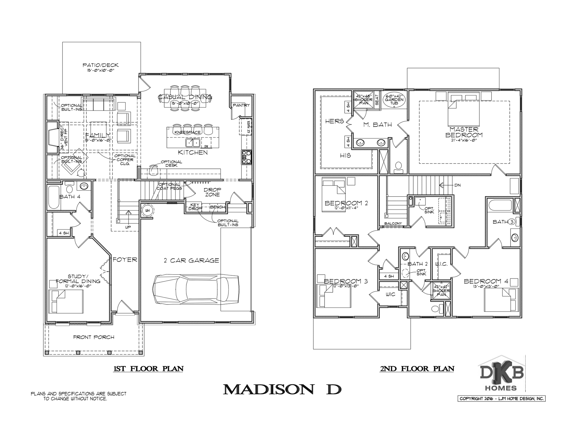Black-and-white architectural floor plan labeled “Madison D” with two home layout diagrams.