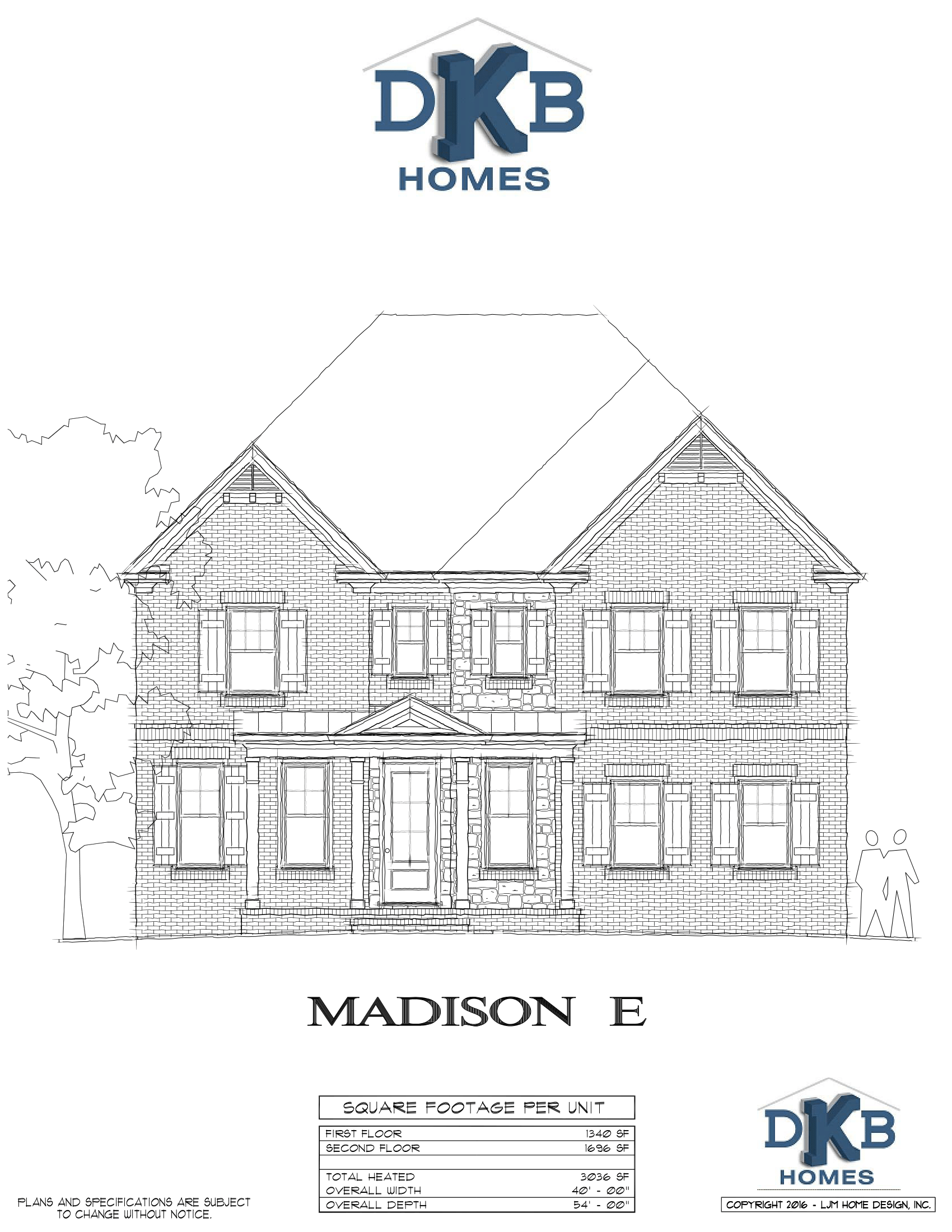 DKB Homes Madison E house blueprint, front elevation sketch of a two-story home