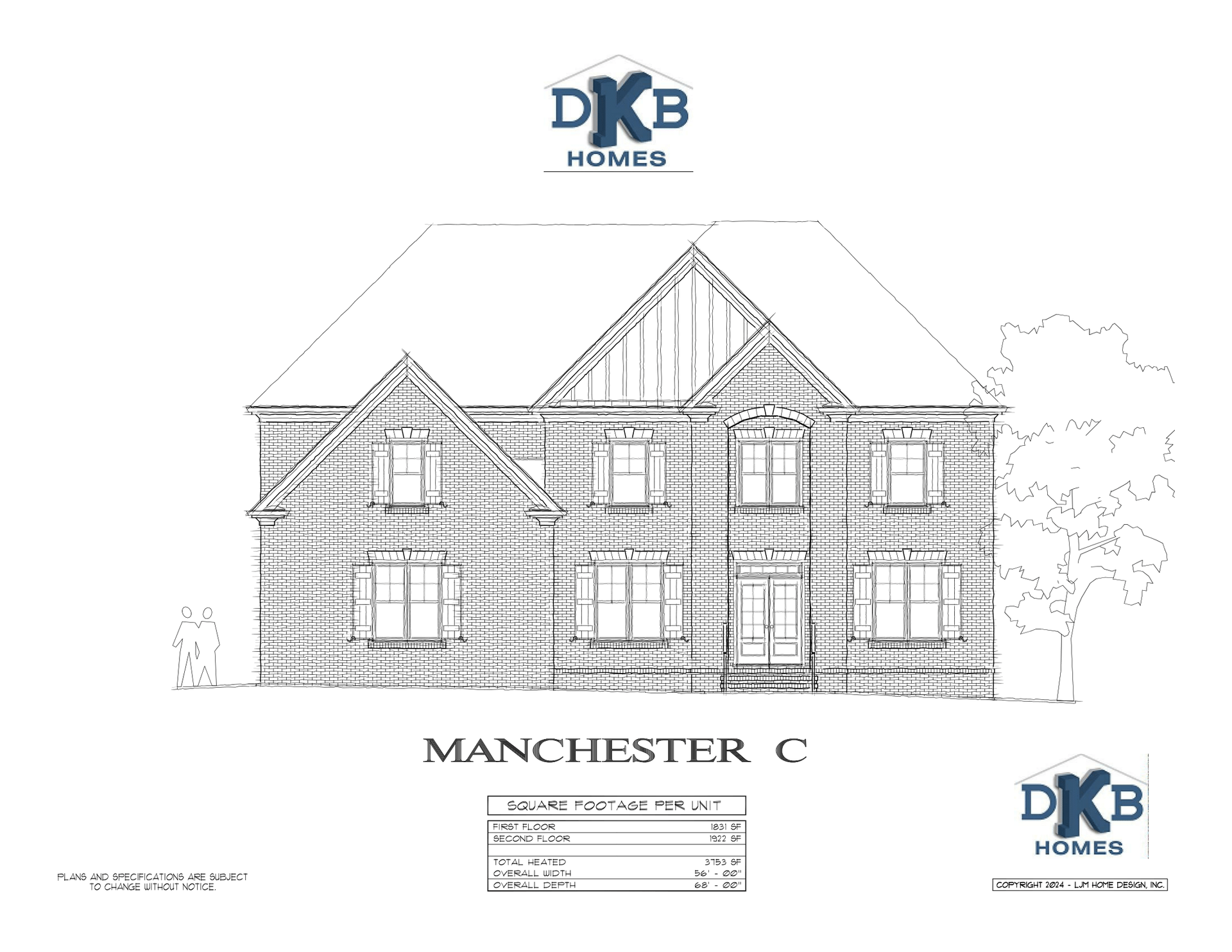 Architectural house elevation drawing labeled “Manchester C” with DKB Homes logos.