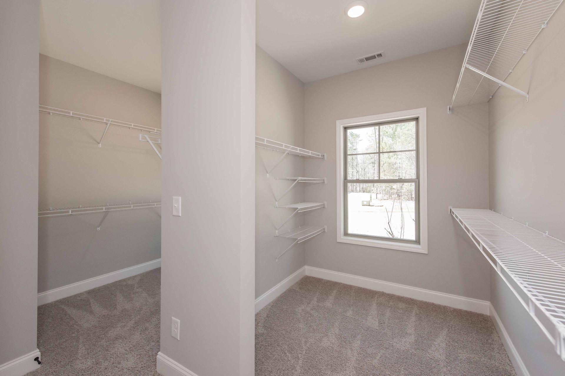 Empty walk-in closet with beige walls, carpet, white wire shelving, and a window letting in natural light