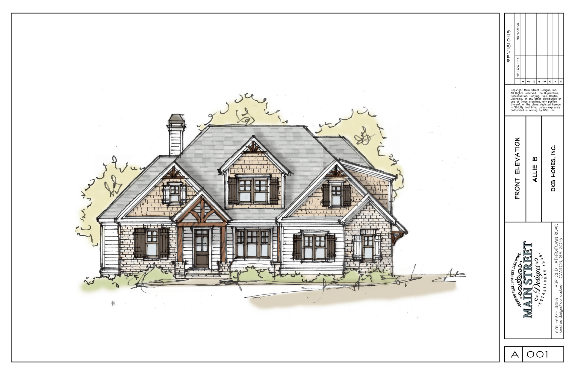 Front elevation drawing of a stone-and-wood house with a gabled roof and trees in the background