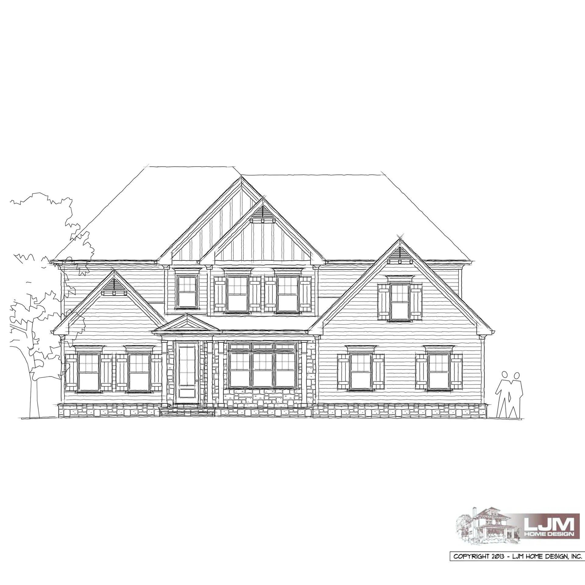 Black and white architectural drawing of a two-story house with a front porch and multiple windows.