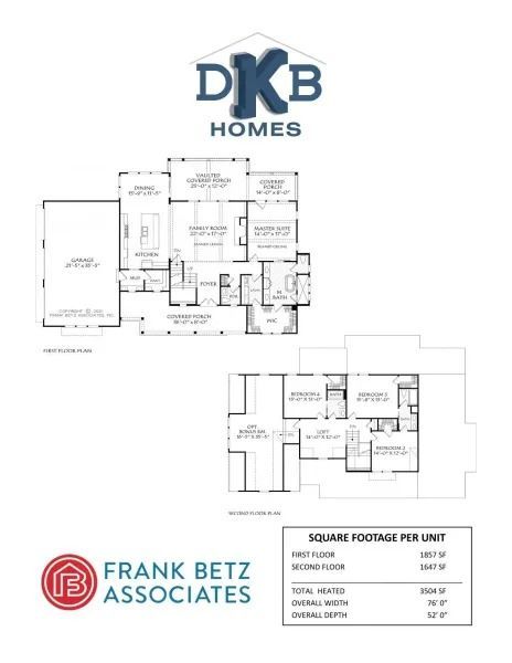 Floor plan with two levels; DKB Homes logo at the top, Frank Betz Associates logo at the bottom. Square footage chart.
