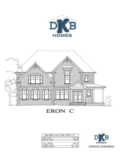 DKB Homes house elevation drawing labeled “Eron C” with logo and floor plan details