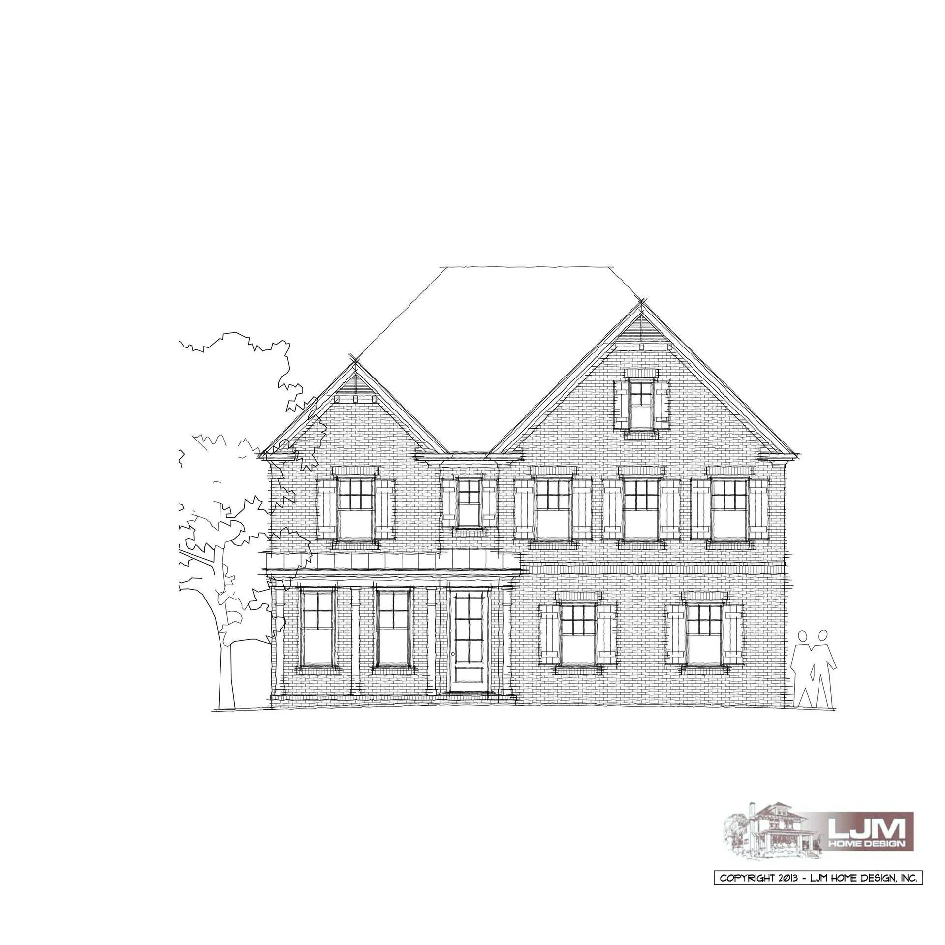 Two-story house architectural drawing; front view. Wood siding, symmetrical window placement, front porch.