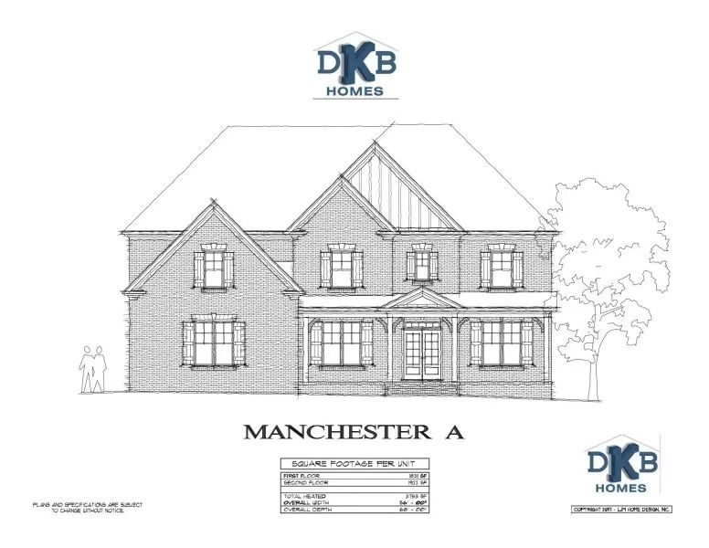 Architectural rendering of a two-story brick home, 