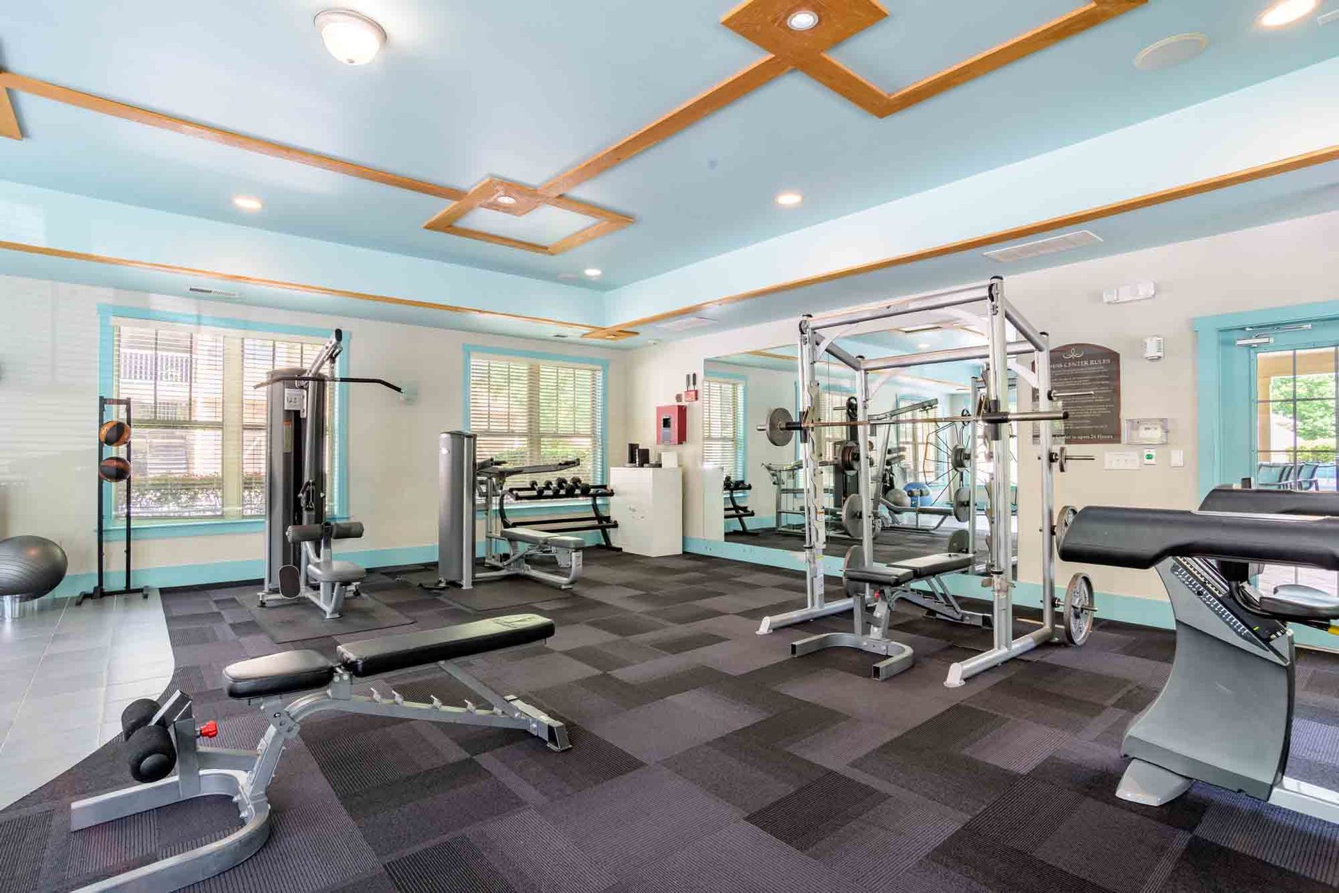 Gym with various exercise machines, including a weight rack, weight machines, and a treadmill at Ansley Falls Apartment Homes in Charlotte, NC.