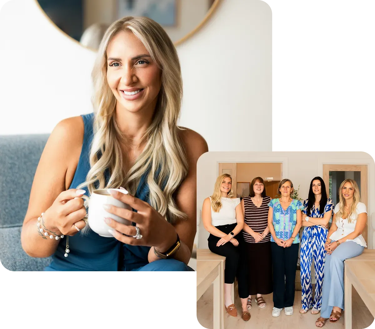 Smiling woman holding a white mug, with a small inset of five women seated together indoors
