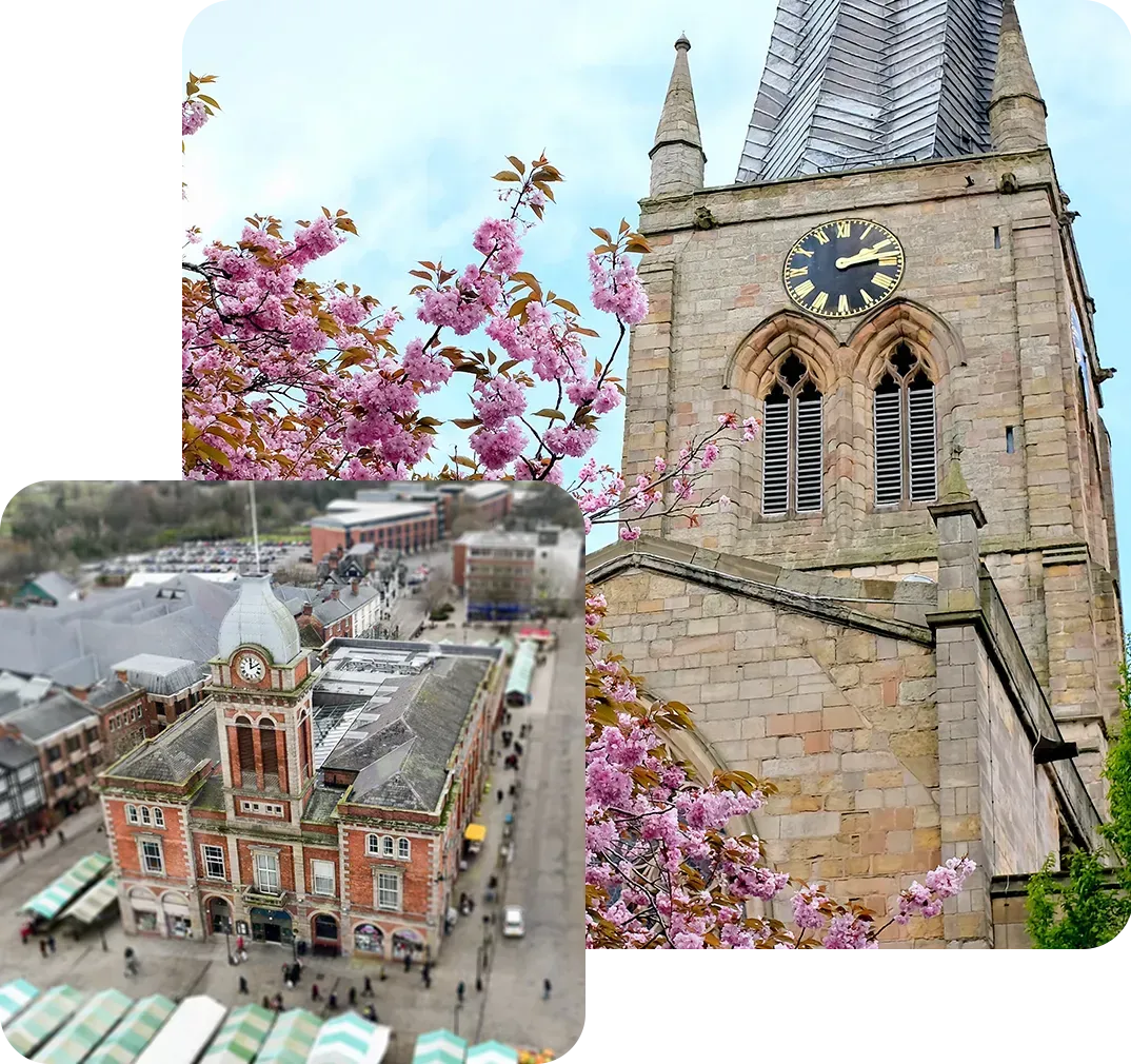 The Crooked Spire church in Chesterfield surrounded by pink flowers