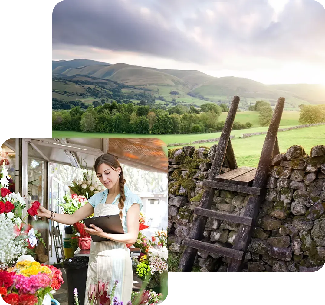 A collage of woman is standing in front of a bunch of flowers and a landscape scene from Yorkshire