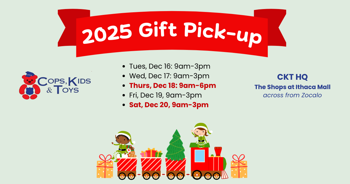 Gift pick-up dates for Cops, Kids & Toys at CKT HQ. Red banner, holiday train illustration.