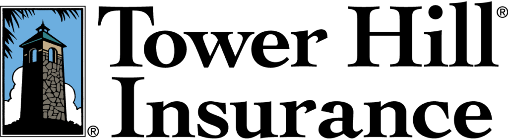 A logo for tower hill insurance with a tower in the background