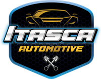 Itasca Automotive logo with blue shield, black honeycomb background, gold car outline, and crossed wrenches