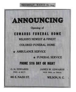 Advertisement announcing the opening of Edwards Funeral Home, a
