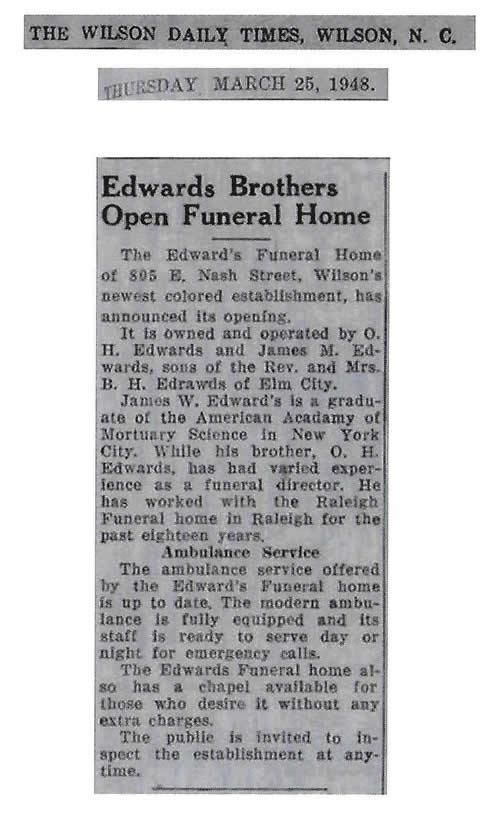 Newspaper clipping announcing the opening of Edwards Brothers Funeral Home in Wilson, NC.