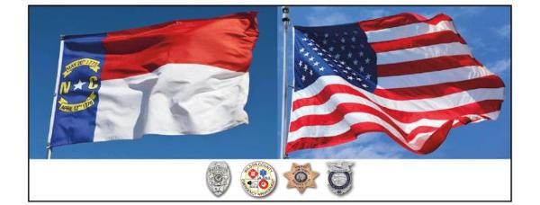 North Carolina and U.S. flags waving in the blue sky. Below are four badges.