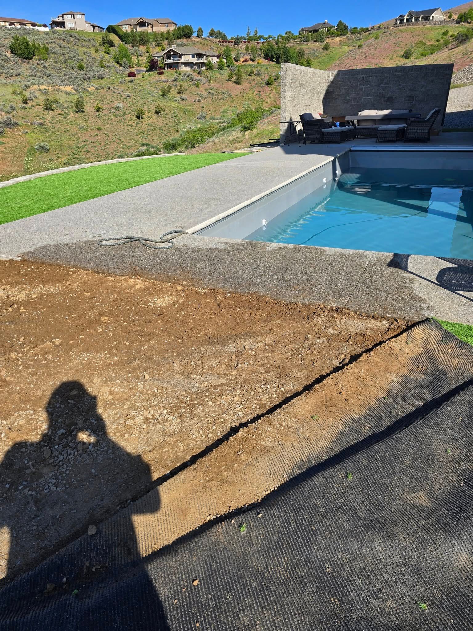A sunny outdoor scene with a pool, landscaping, and a person's shadow on the ground.