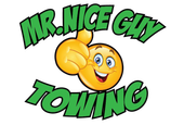 A logo for Mr. Nice Guy Towing with a smiley face giving a thumbs up