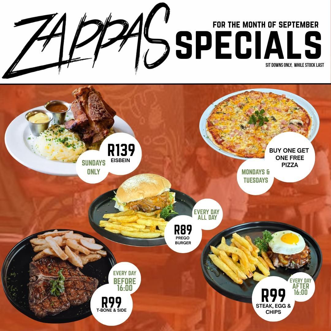 September 2026 Food Specials at Zappas Murrayfield, Pretoria.