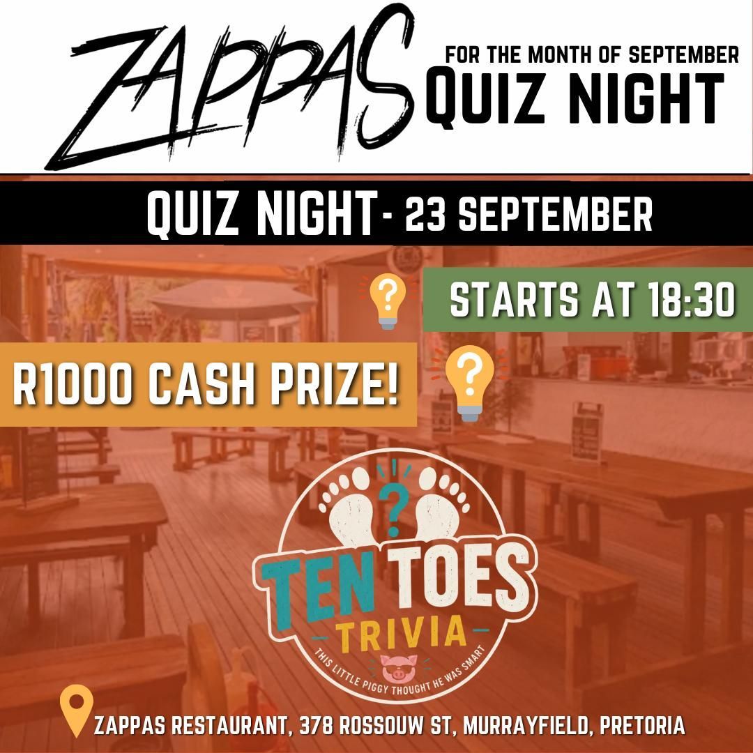 Quiz Night on 23 September 2026 at Zappas Murrayfield, Pretoria.